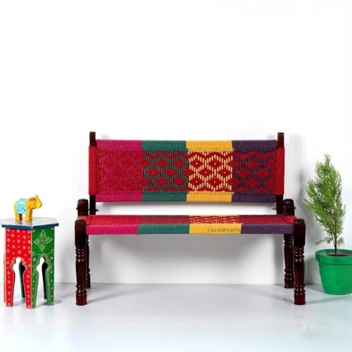Image of Srima Wooden Bench for Living Room | Handcrafted Sheesham Wood Backrest Bench for Balcony & Garden | Traditional Rajasthani Patio for Outdoor with Cotton Handwoven Rope | Colorful 2