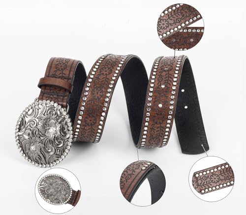 Womens-Western-Belt Rhinestone-Cowboy-Cowgirl Belt - Embossed PU-Leather Belt with Diamond Flower-Buckle(for 28-38'')3