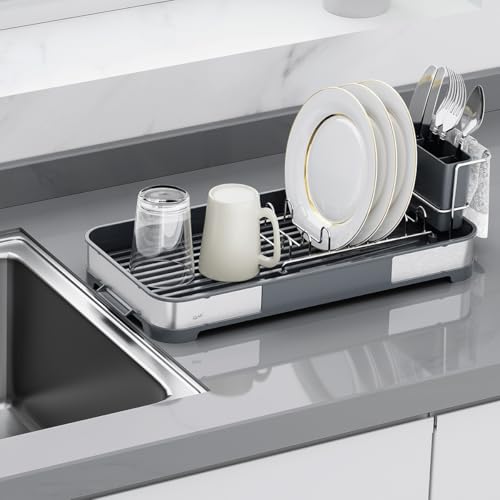 Glad Stainless Steel Dish Drying Rack - Small Space Saving Dish Drainer with Removable Cutlery Holder, Drain Spout, and Towel Bar - Rust-Resistant Metal Rack for Kitchen Countertops, (8”W x 17.5”L) - image 1