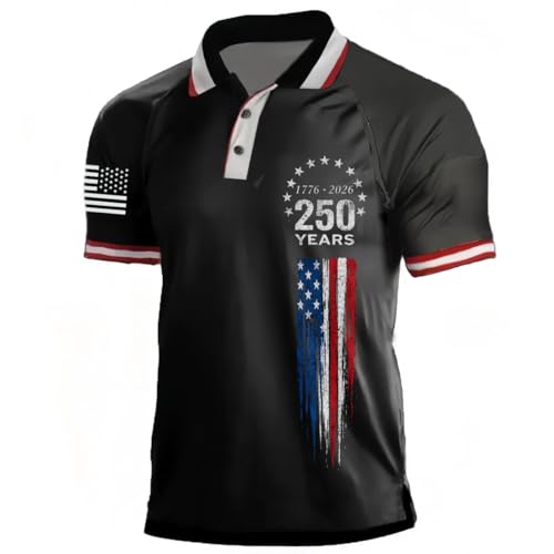 KUFORES 250th Anniversary Patriotic Polo Shirt for Men 1776 to 2026 USA Freedom American Flag Polo Short Sleeve Button Collar Top Shirt for 4th July Everyday Casual Style Black L