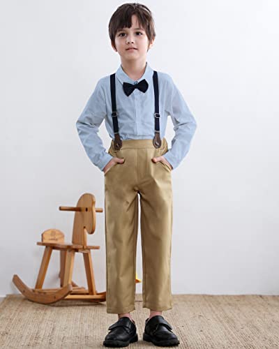 Image of SANGTREE Boys Gentleman Clothes Set, Short Sleeve Shirt with Bowtie + Suspender Pants Outfit, 3 Months - 6 Years