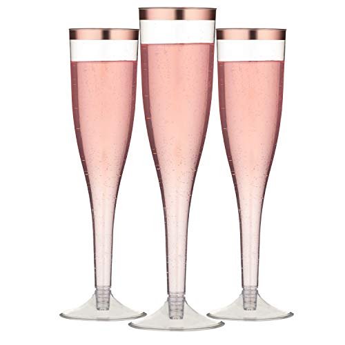 TKOOFN 30 Rose Gold Champagne Flutes,5.5oz Disposable Champagne Glasses with Golden Rimmed,Clear Plastic Cups Perfect for Baby Showers, Cocktail Party, Anniversary,Birthday, Wedding