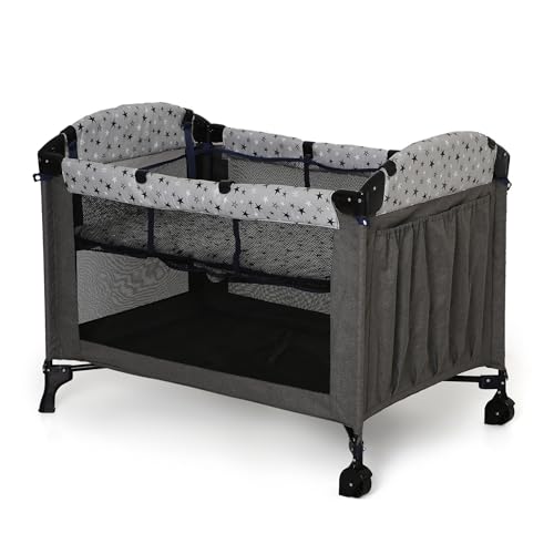 Image of Infanto Portable Baby Playpen Cum Cot with Travel Bag | Easy Fold Compact Design | 2 in 1 Functionality Crib | Double Layer Pad | Breathable Mesh Baby Bedside Crib with Playpen for Babies | Grey