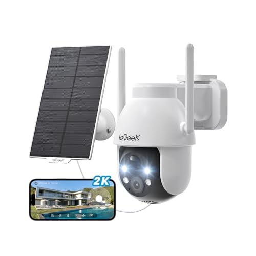 ieGeek 2K Solar Security Camera Outdoor Wireless, 360° Pan Battery Camera with Solar Panel, Wifi CCTV Camera Systems, Color Night Vision, PIR Motion Detection, 2-Way Audio, Works with Alexa