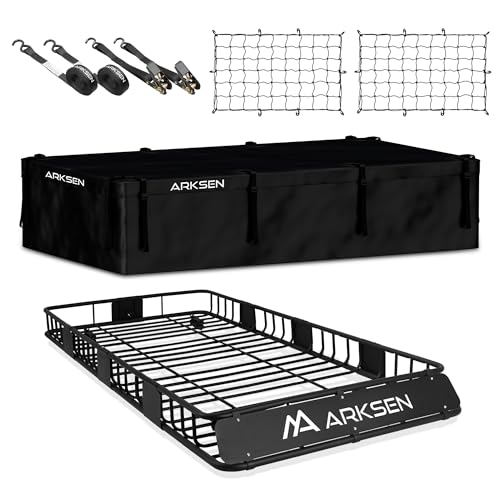 ARKSEN 84" x 39" x 6" Roof Rack Cargo Basket with Extension, Waterproof Bag, 2 Net & 2 Ratchet Straps, 150 lb Heavy Duty Steel Rooftop Carrier, Fits C