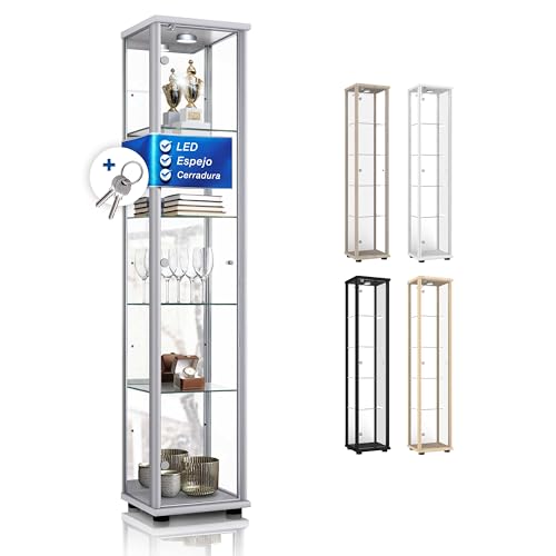 K-Möbel Vitrina para Colecciones (176x37x33cm) - Fabricado en Alemania - Vitrina expositora para Colecciones de Cristal Plata/Aluminio con 4 estantes de Vidrio Ajustables, Espejo, Cerradura y LED