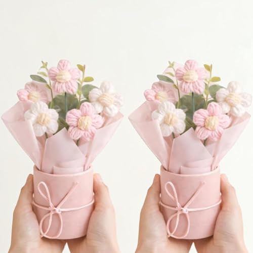 Image of Set of 2 Pink Crochet Flower Bouquet - Handmade Mini Knitted Daisy Flowers| Artificial Forever Flowers for Home Decor, Desk Decor, Birthday