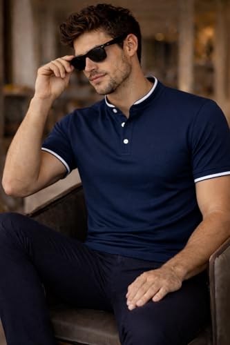 Image of Dagcros Men Polo T-Shirt, with White Trim, Short Sleeve, Button Collar Tshirt for Mens