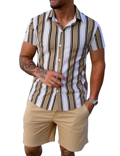 Image of Yimoon Men's Summer 2 Piece Outfits Tropical Print Short Sleeve Button Down Hawaiian Beach Shirt and Shorts Set