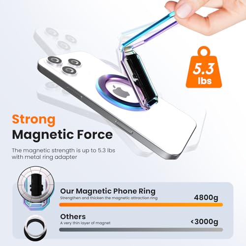 Image of Multi-Functional Magnetic Phone Grip Kickstand for MagSafe, Phone Holder for Hand, Foldable Ring Stand with Finger Loop Strap for Bedtime Scrolling & On-the-Go, Wireless Charging Compatible, Rainbow