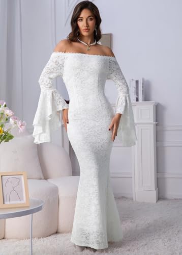 Image of HOYISHION Women's Off The Shoulder Floral Lace Maxi Dress White Bridesmaid Wedding Party Maternity Photoshoot Long Dresses