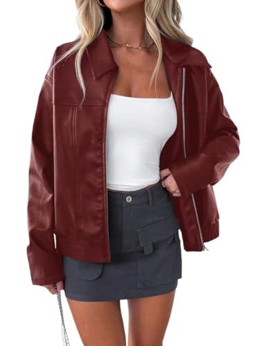 Burgundy Women’s Casual Coat: Cozy Loose Fit PU Jacket for Fall & Winter