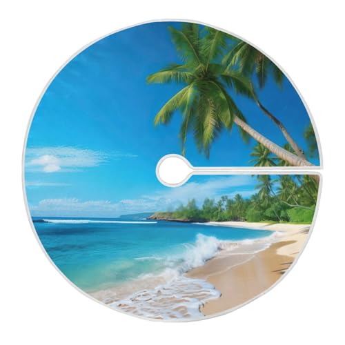 YETTASBIN Palm Tree Beach Tree Skirt 35.4 lnch, Large Round Xmas Tree Skirt Soft and Funny Lace-up Indoor Outdoor Christams Ornaments for Holiday Party Home Office Decor