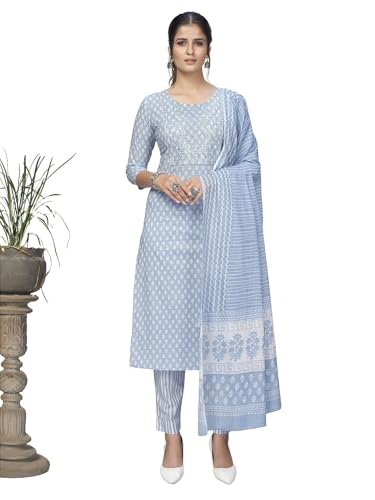Image of Vbuyz Women's Printed & Hand Work Straight Cotton Blend Parrot Green Kurta,Pant with Dupatta | Kurta Set with Dupatta for Women | Suit Set | Ethnic Set | Printed Kurta Set | Salwar Set for Women