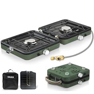 Fiutazge 2-in-1-Gascampingherd, Campingkocher mit Grillplatte & Tragetasche, Gaskocher 2 Flammig mit Piezo-Zündung, Collapsible & Tragbare für Camping, Wandern & Notfall-Kochkocher