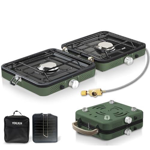 Fiutazge 2-in-1-Gascampingherd, Campingkocher mit Grillplatte & Tragetasche, Gaskocher 2 Flammig mit Piezo-Zündung, Collapsible & Tragbare für Camping, Wandern & Notfall-Kochkocher