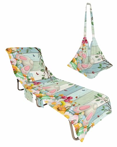 Spring Easter Beach Lounge Chair Towel Cover, Soft Chaise Lounge Towel with Side Pockets Patio Pool Chairs Cover for Beach/Pool Sunbathing 29x85 Colorful Eggs Bunny Flowers Teal Wooden