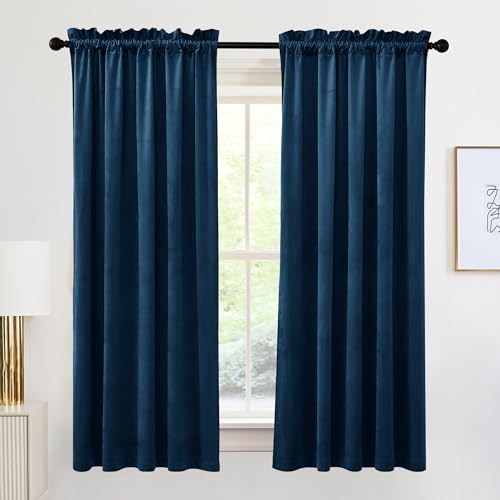 Image of RYB HOME Navy Blue Velvet Curtains 72 inches for Bedroom & Dining Room