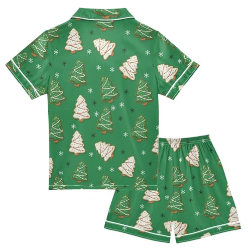 Satin Pajama Sets Short Sleeve Christmas Tree Cookies on Green Button Down Silky Nightwear 2 Piece PJS 5-14Y2