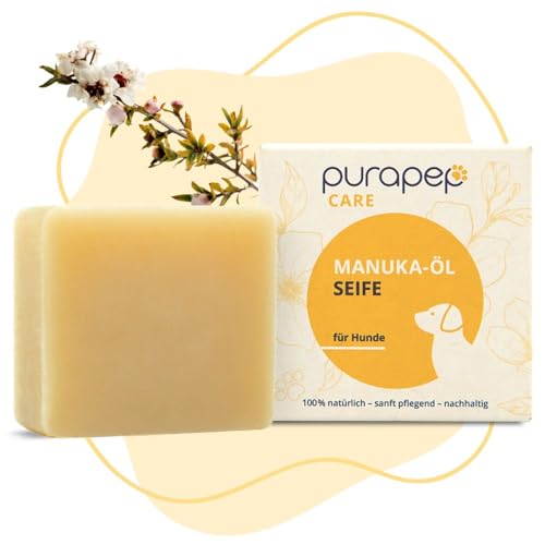 purapep Care Manuka-Öl Hundeseife – Natürliche Reinigung für glänzendes, kuscheliges Fell – Mit Manuka-Öl, Kokos-Öl & Oliven-Öl – Unterstützt empfindliche Haut und lindert Juckreiz – sehr ergiebig!