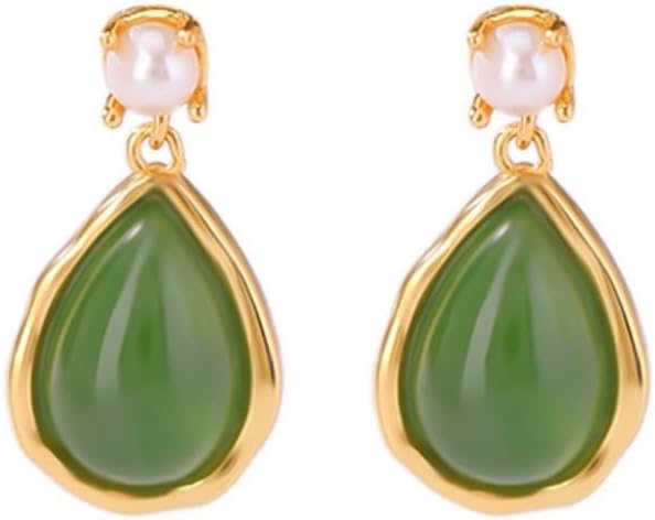 14K Gold Jade and Freshwater Pearl Teardrop Earrings for Women, Gift for Mother on Christmas