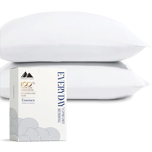 Mayfair Linen 100% Organic Cotton Percale Pillow Cases Queen/Standard Size Set of 2 - Percale Pillowcovers Standard/Queen (White) Soft Cooling Pillow Case for Sleeping Cotton Pillowcases