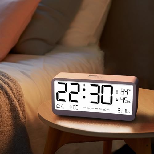 Reloj despertador digital blanco con higrómetro y formato de 12/24 horas 3
