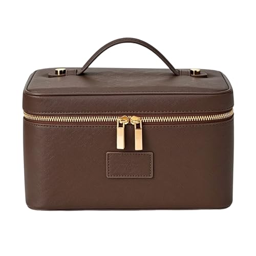 Trousse maquillage grande capacité rigide marron avec séparateurs