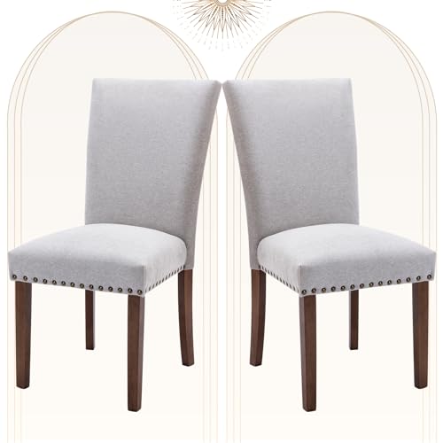 COLAMY Upholstered Parsons Dining Chairs Set of 2, Fabric Dining Room Kitchen Side Chair with Nailhead Trim and Wood Legs - Light Grey