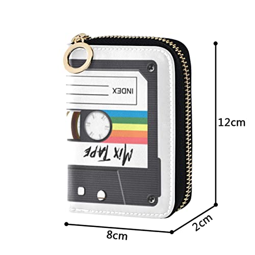 Cassette Retro Labels 80s Retro TextureGrey Credit Card Coin wallet, RFID Blocking Compact Women Leather Card Holder, Key Change Organizer, Zipper Purse Clutch Pouch4