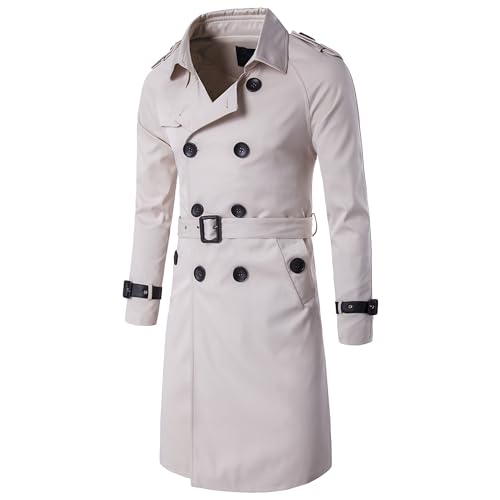 Maiyifu-GJ Men's Double Breasted Long Trench Coat Slim Fit Mid Long Belted Windbreaker Stylish Lapel Overcoat With Pocket (X-Large,Off-White)