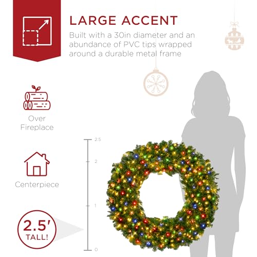 Image of Best Choice Products 30in Large Artificial Pre-Lit Fir Christmas Wreath Holiday Accent Decoration w / 100 Multicolor Lights, 220 PVC Tips