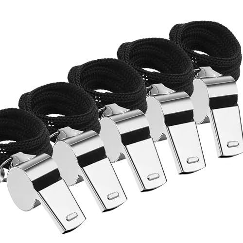 jatimdotin Lot de 5 Sifflets, Acier Inoxydable Sports Lanière, Sifflet Arbitre Football, Sifflet Puissant et Net pour Les Entraîneurs, Les Arbitres et Les Officiels