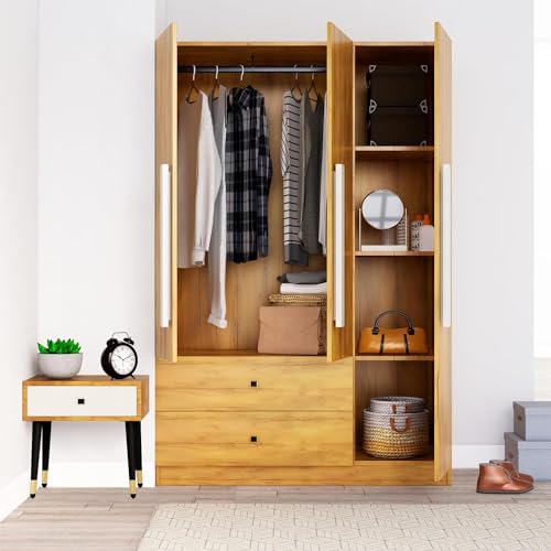 Image of Bniture Wooden Almirah for Clothes, Door for Bedroom, 3 Door Wardrobes with 2 Drawer & Hanging Space (40D x 120W x 180H CM) | 3 Year Warranty (Giant Wood)