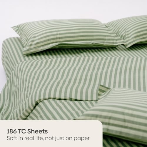 Image of Haus & Kinder King Size Bedsheet 108 x 108 | 186 TC Pure Cotton Bedsheets for Double Bed King Size with 2 Pillow Covers | King Size Bed Sheet Cotton | Tokiwairo Stripe Evergreen