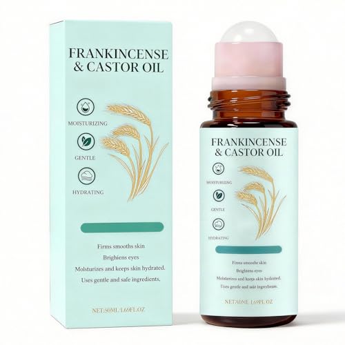 Frankincense and Castor Oil & Rose Quartz Roller – Organic Cold-Pressed Roll-On for Face & Body, Helps Firm Skin, Reduce Fine Lines & Nourish, Soothing Moisturising Oil with Rose Quartz, 50ml/1.7oz