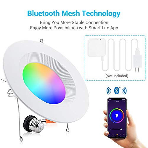 MustWin Smart Retrofit Led Recessed Lighting 6 inch LED Downlight, Bluetooth Mesh LED Can Lights Color Changing, Voice Control via Alexa, Dimmable RGBCW 15W 2-Pack (Hub Needed)