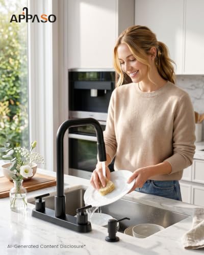 Image of APPASO 4 Hole Kitchen Faucet Matte Black, Dual Handle with Soap Dispenser | Black Kitchen Faucet with Pull Down Sprayer, Square Neck Stainless Steel, Fit for 3 or 4 Holes Standard Sinks, Spot Resist