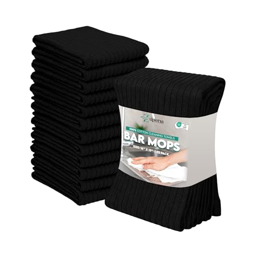 ZUPERIA Bar Mop Kitchen Towels - Pack of 12 (16x19) 100% Ring Spun Cotton - Dish Washcloths For Superb Cleaning and Less Lint - Highly Absorbent Dish Cloths and Dish Towels For Everyday use (Black)