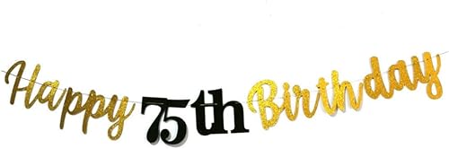 Cartel de feliz cumpleaños 75 con purpurina, cartel de feliz cumpleaños 75 negro y dorado, suministros de decoración de fiesta de cumpleaños 75
