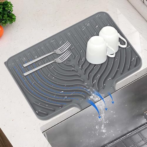 Silicone Dish Drying Mat for Kitchen Counter, With Built-in Drain Lip, Food-Grade Silicone, Easy Clean Pad for Countertop Protection, Multi-Functional Use (Small-14.7"x10.2", Grey) 0.53" x 1
