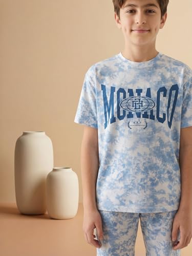 Image of Li'l Tomatoes Boys 100% Cotton Night Suit Set | Half Sleeve T-Shirt & Shorts | Color Block & Typography Print | Soft & Breathable Sleepwear | Casual Summer Wear | 9-16 Years
