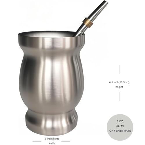 Image of Beruth 8oz Yerba Mate Cup, Double Wall 304 Stainless Steel Mate Gourd, Heat Insulated Mug & Anti-Scalding Design, Includes 2 Straws & Cleaning Brush (Silver)