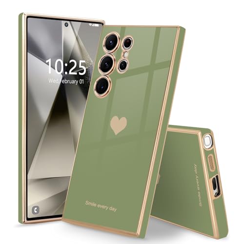 Teageo for Samsung Galaxy S24 Ultra 5G Case for Women Girl Cute Love-Heart Luxury Soft Back Cover Raised Full Camera Protection Bumper Silicone Shockproof Phone Case for Galaxy S24 Ultra, Light Green