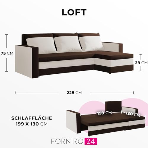 FORNIRO 24 Loft Ecksofa mit Schlaffunktion und Bettkasten – Sofa L-Form 225x130x75 cm, Stoff Basic in Creme-Braun, 3 Sitze & Kissen für modernes Wohnen – Bild 4