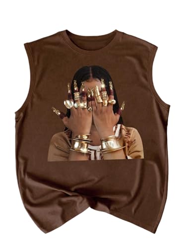 RoseSeek Retro Graphic Tank Top for Men Crew Neck Summer Sleeveless Tops Hippop Streetwear Chocolate Brown X-Large