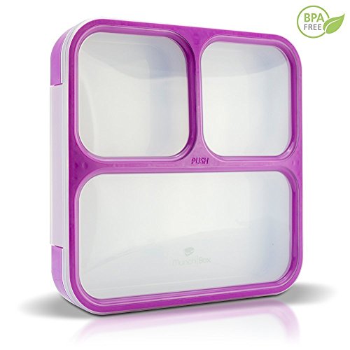 MUNCHBOX Bento Lunch Box - (Purple) Ultra-Slim Tray Style Leakproof 3-Compartment with Air Tight Seal - Prevents Contents from Mixing & Spilling-Microwavable - Dishwasher Friendly - For Kids & Adults.