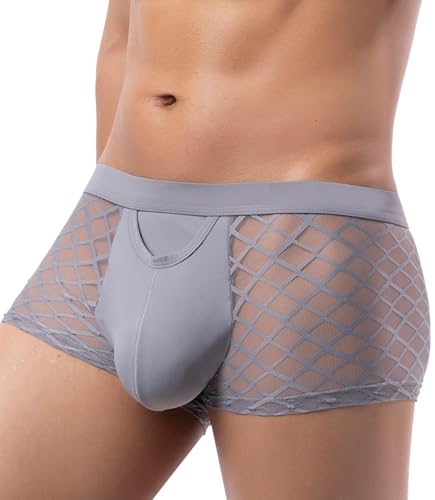 FEOYA Men's See Through Boxer Briefs Sexy Low Rise Bulge Pouch Trucks Mesh Sheer U Conves Lace Underpants