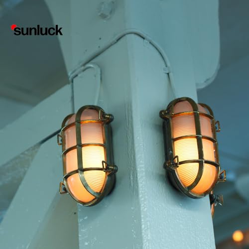Image of Sunluck Brass Bulkhead Light,Grid Oval Nautical Wall Light,Lampshade,Ceiling Mount Lighting,Sauna Light Waterproof IP65,Rust Resistant,for Wet Location Bath,Seaside,Ship,Basement,Garage