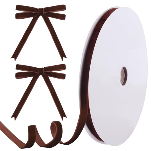 Tsorode 25 Yards Brown Velvet Ribbon for Christmas Tree 3/8 Inch Velvet Christmas Ribbon for Gift Wrapping Crafts Bow Wreath Holiday Decorations (Brown)
